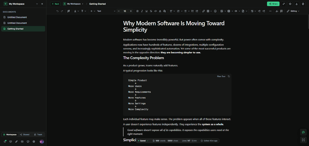 ContextsBase knowledge management software interface featuring markdown editor and hierarchical document tree